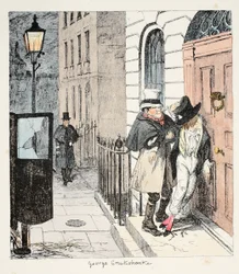 Mr. Lambkins Gewohnheiten werden immer schlimmer!? Um 3 Uhr morgens wird er (sehr fröhlich) von einem gutherzigen Kutscher an seine eigene Tür gestellt, aus The Bachelors Own Book oder der Fortschritt von Mr. Lambkins